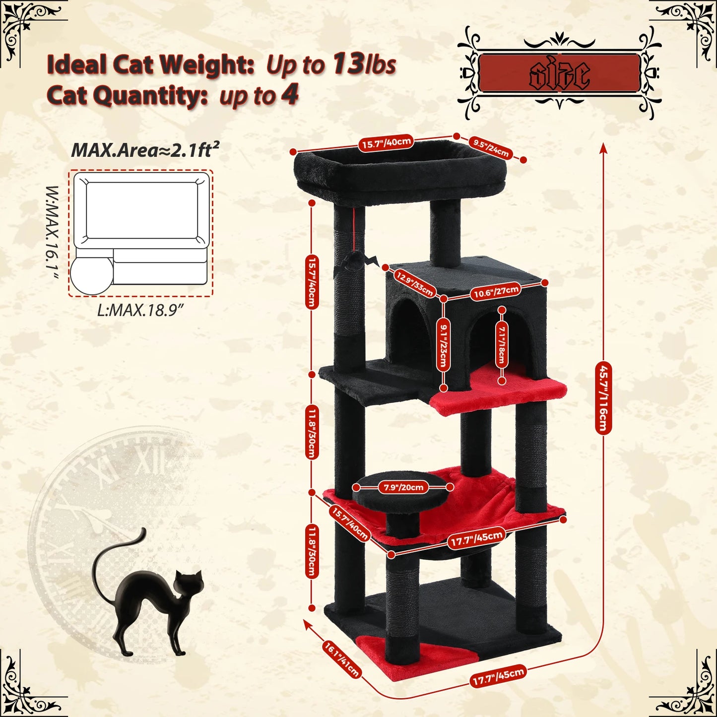 PAWZ Road Gothic Cat Tree Indoor Tower With UltraDurableSisalHammockWithWideBase