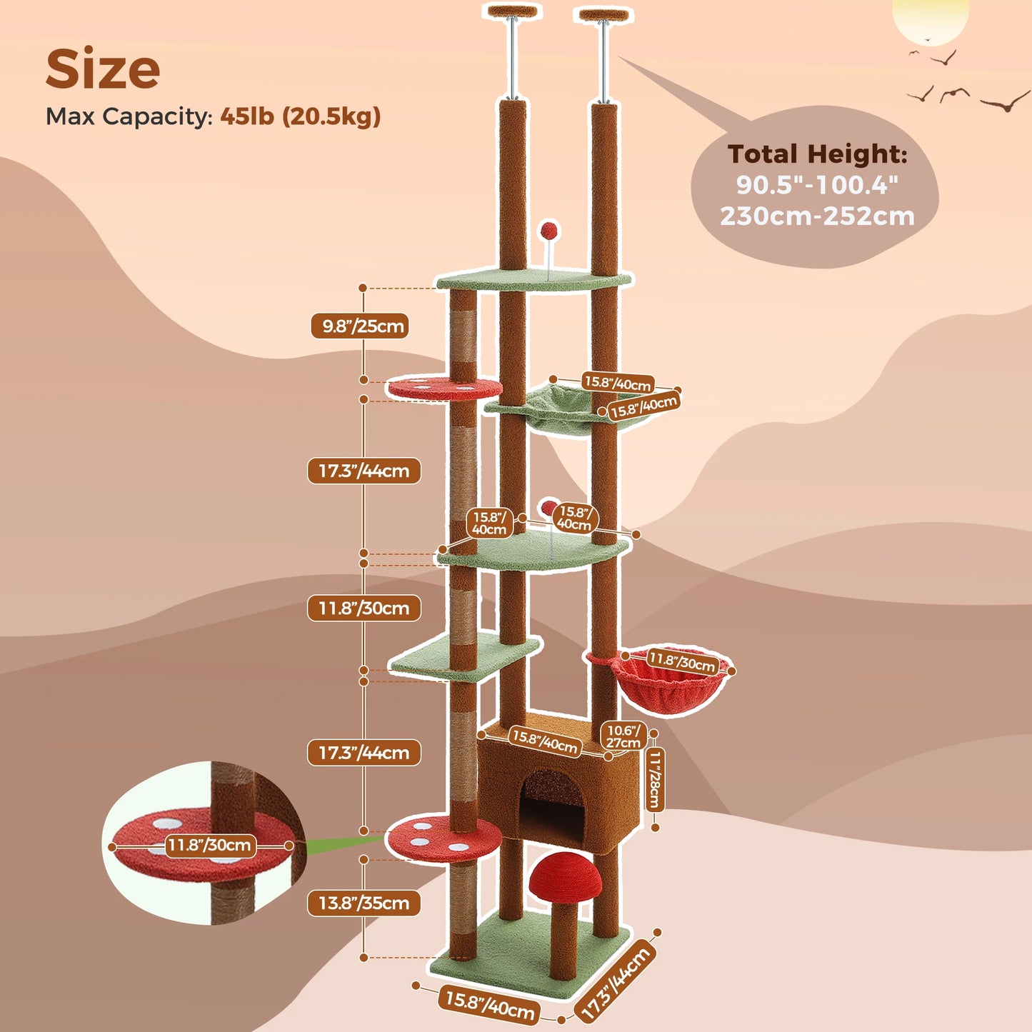 PETEPELACN Cat Tree Floor To Ceiling Tower With Adjustable Height, Condo, Hammock, Scratching Post