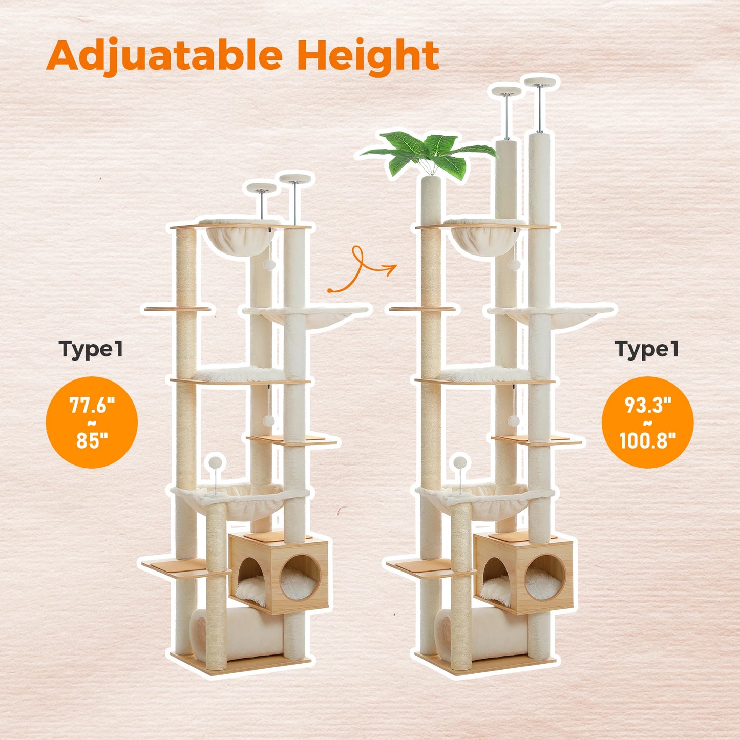 PAWZ Road Height Adjustable Wooden Cat Tree With Hammock And Sisal Scratching Posts Indoor