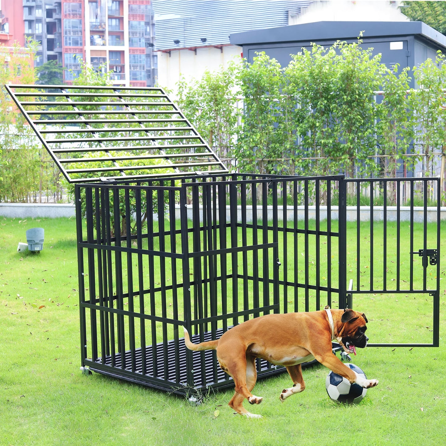 BINGOPAW Heavy Duty Dog Crate With Four Lockable Wheels Three Doors Removable Tray
