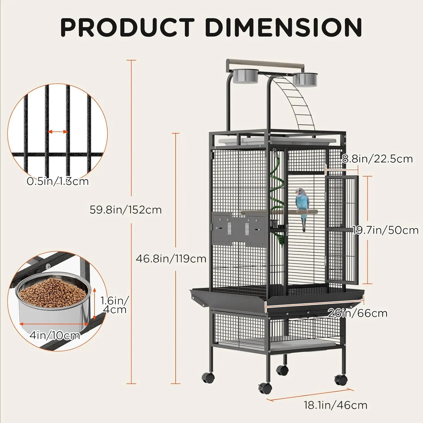 60" Large Rolling Bird Cage With Play Top 4 Stainless Steel Bowls Metal Parrot Cage For Conure Cockatiel Parakeet Lovebird