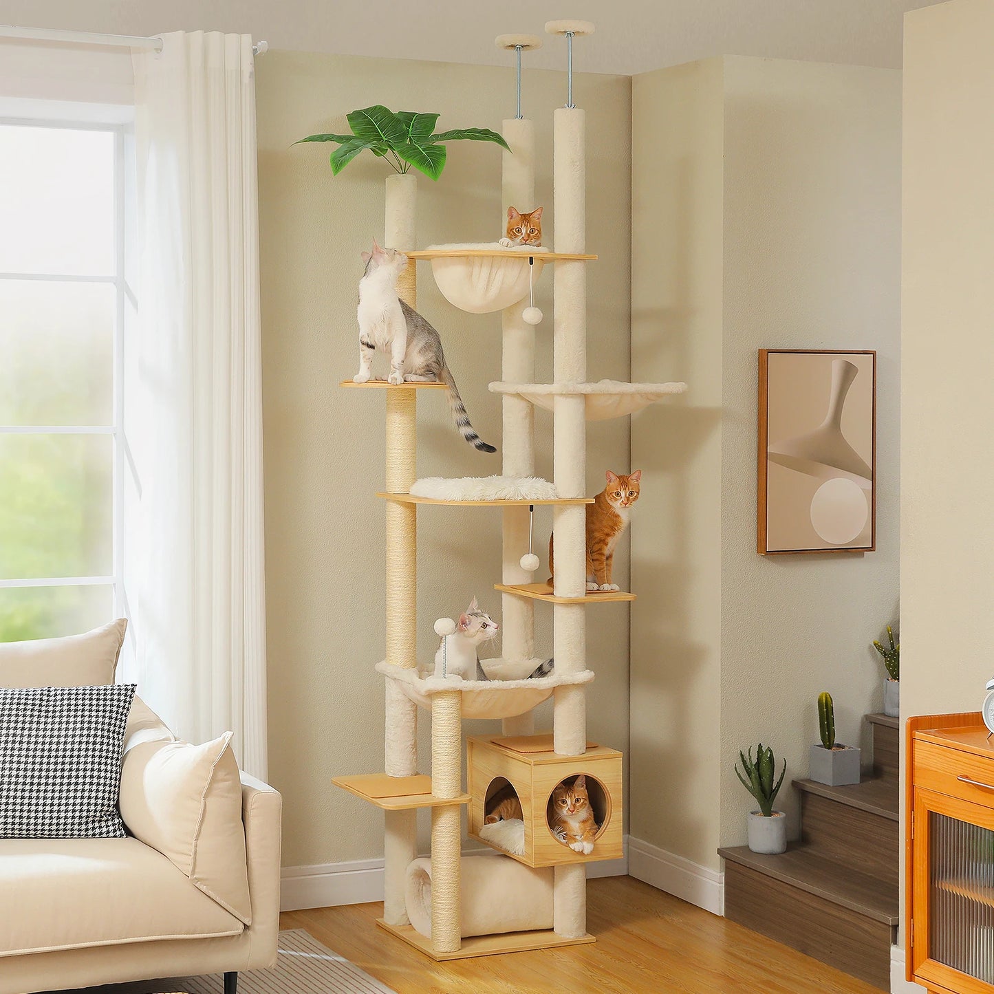 PAWZ Road Height Adjustable Wooden Cat Tree With Hammock And Sisal Scratching Posts Indoor