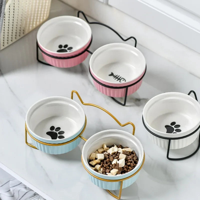 Ceramic Tilt Bowl Elevated Pet Feeder With Bracket For Cats And Dogs