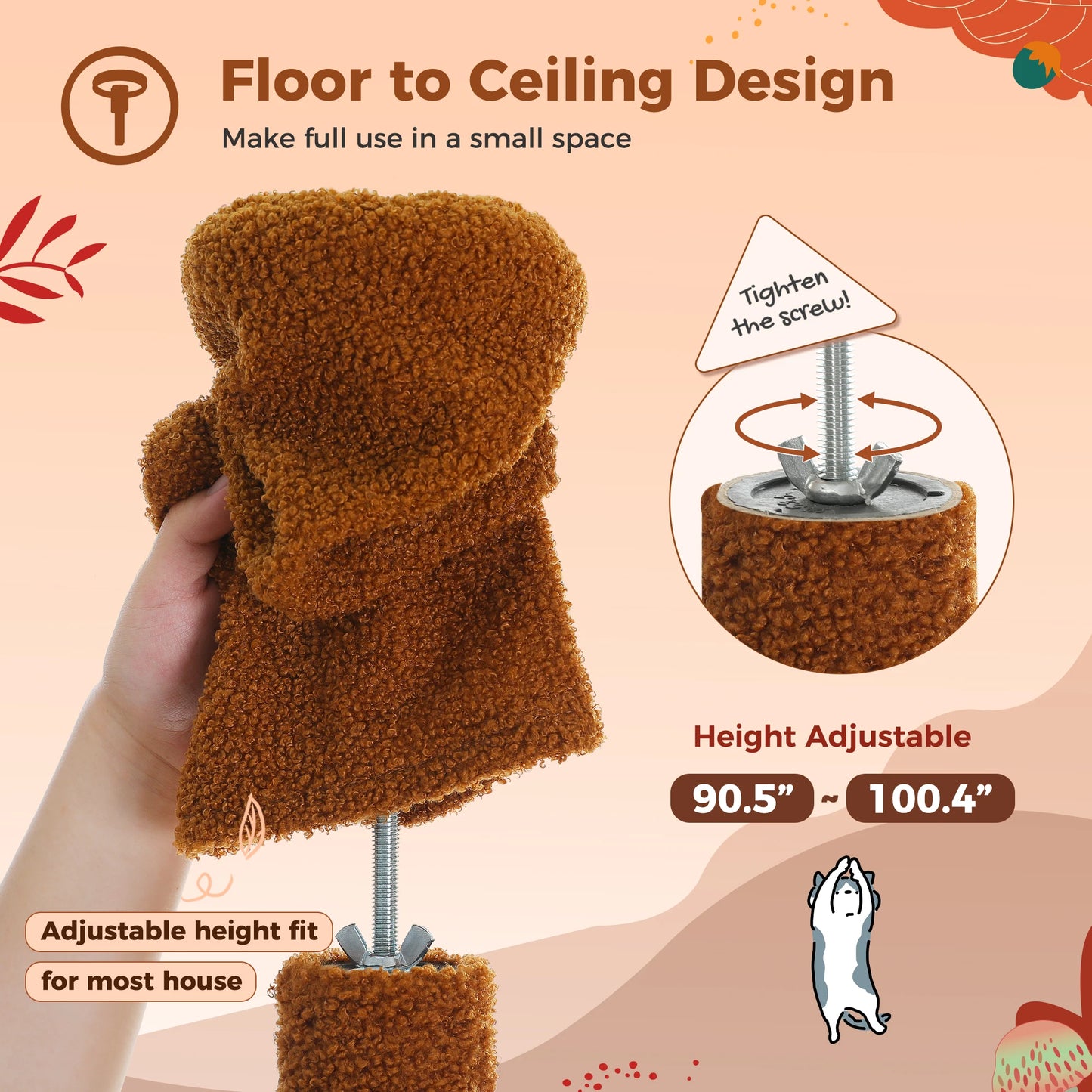 PETEPELACN Cat Tree Floor To Ceiling Tower With Adjustable Height, Condo, Hammock, Scratching Post