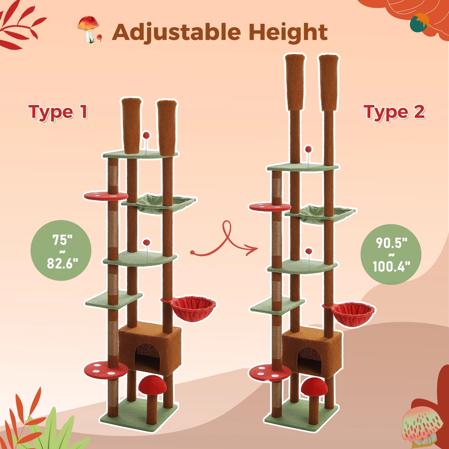 PETEPELACN Cat Tree Floor To Ceiling Tower With Adjustable Height, Condo, Hammock, Scratching Post
