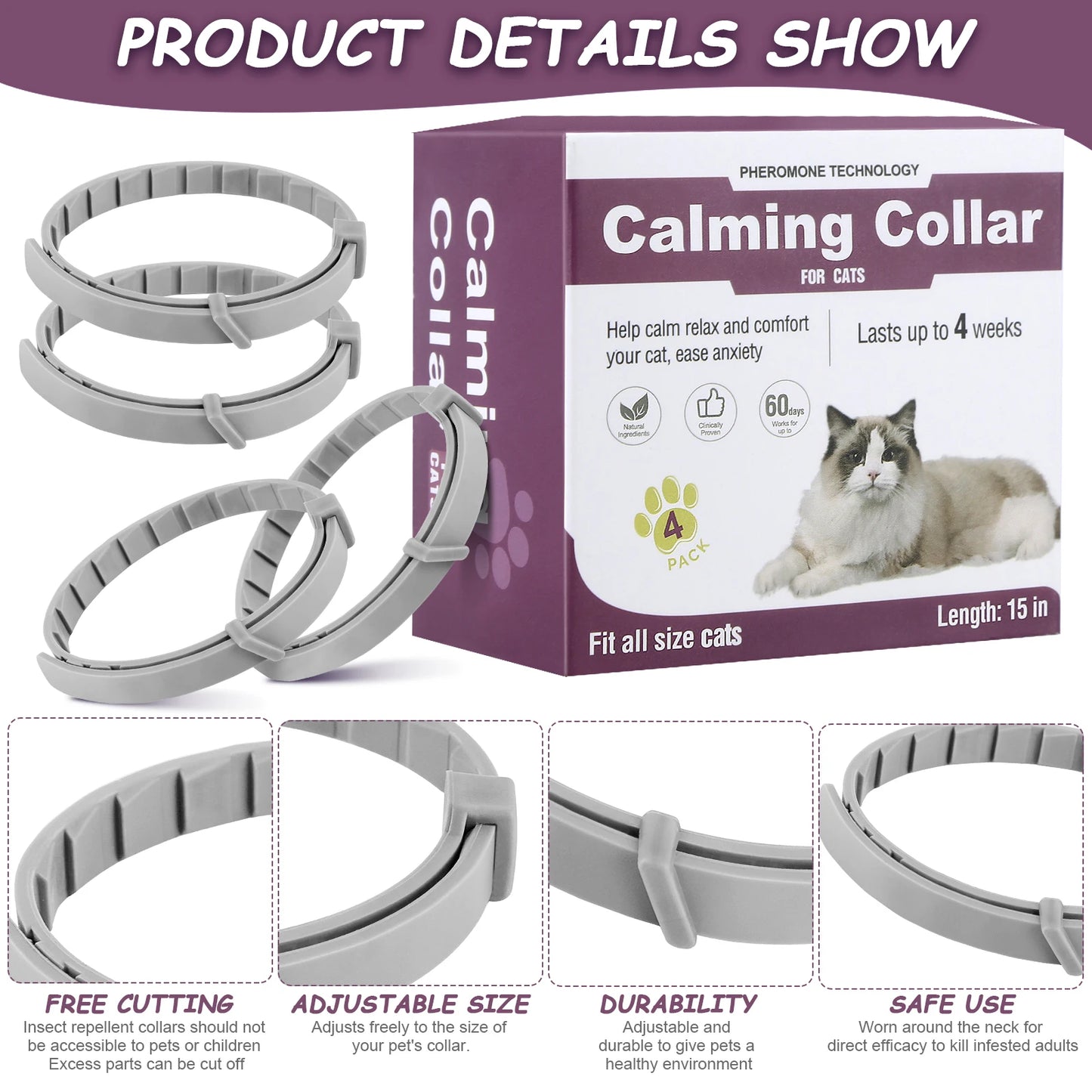 Shunmaii Cat Calming Collar 4 Pack Pheromone Collar Anti Anxiety for Aggression Relief