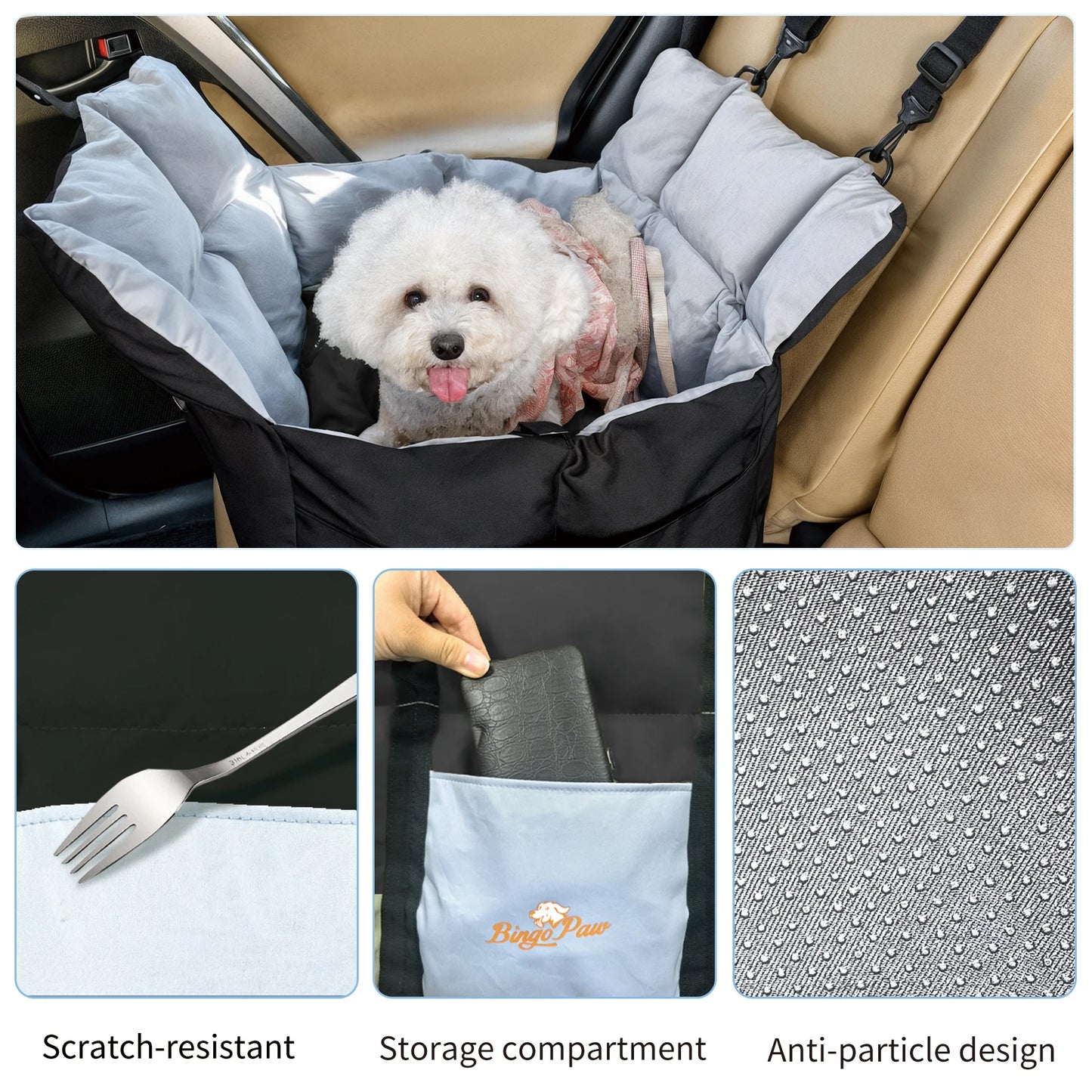Dog Car Seat Travel Bed Carrier With ClipOn Leash Pockets