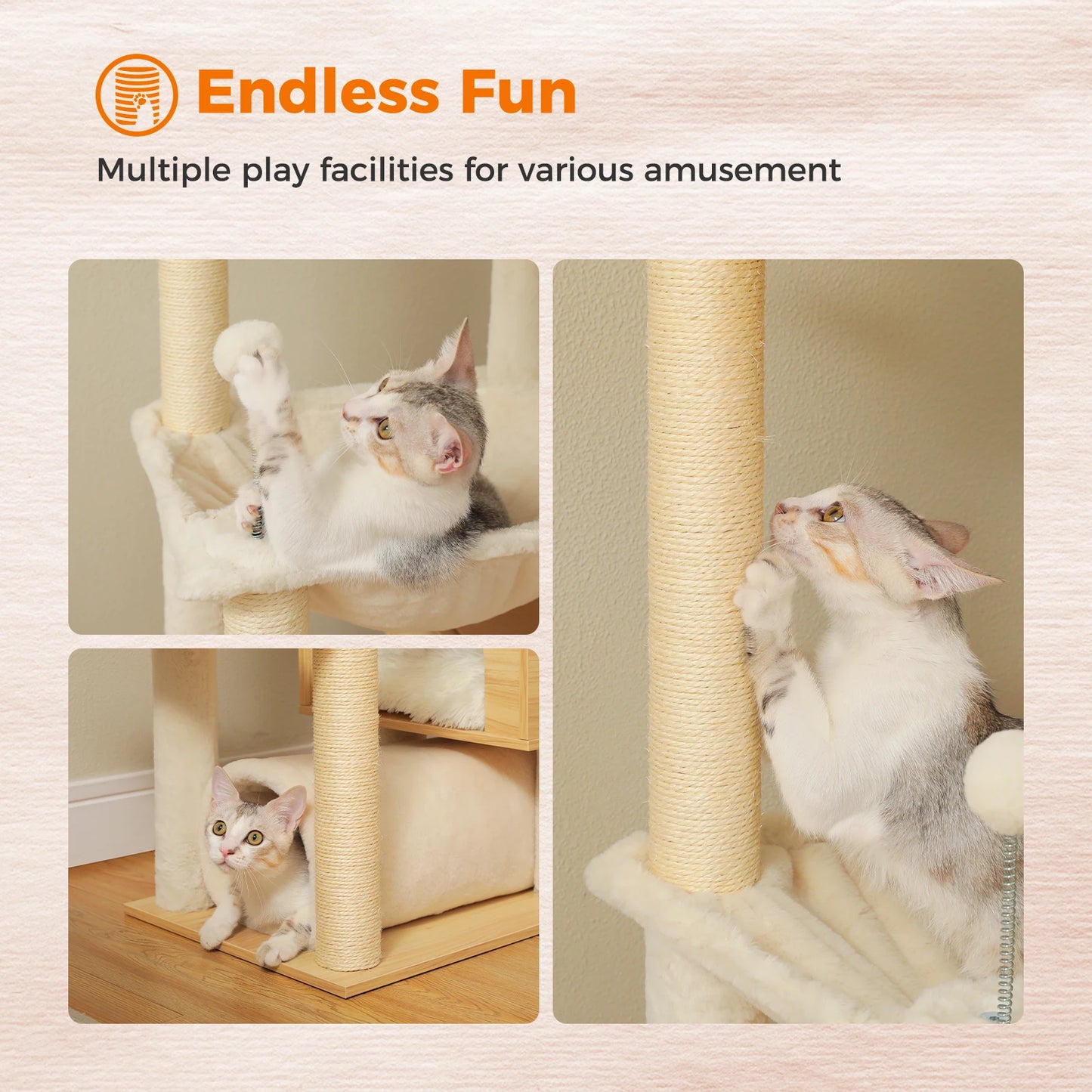 PAWZ Road Height Adjustable Wooden Cat Tree With Hammock And Sisal Scratching Posts Indoor