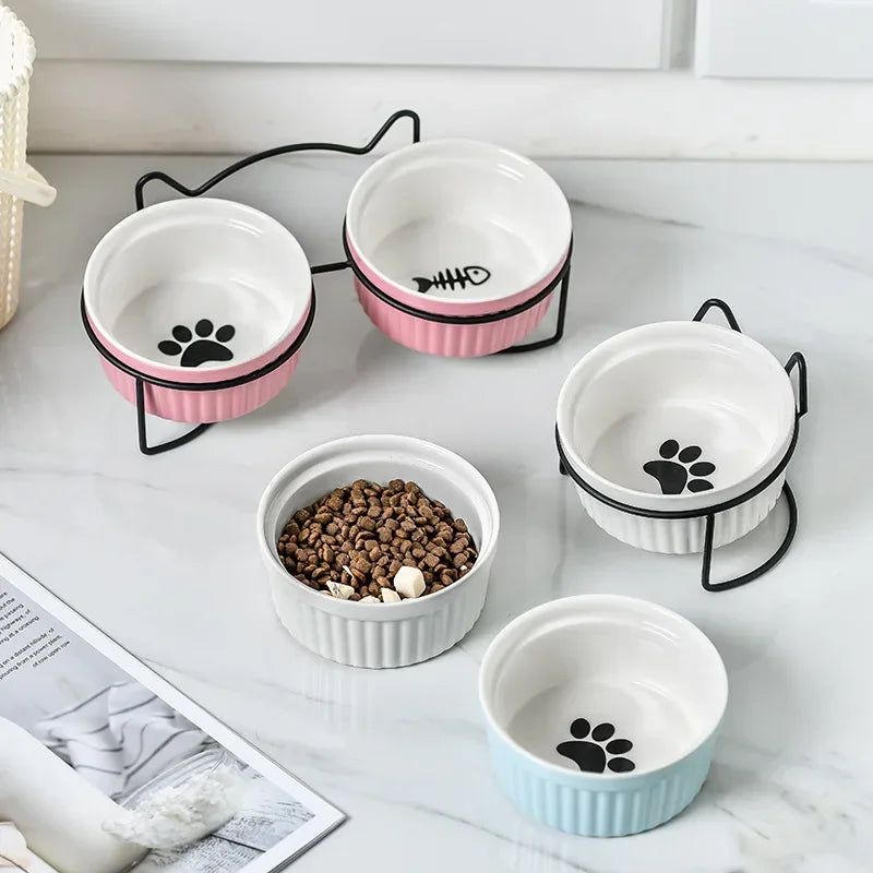 Ceramic Tilt Bowl Elevated Pet Feeder With Bracket For Cats And Dogs