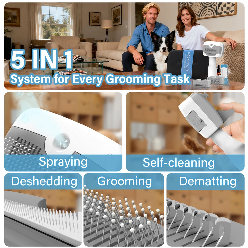 PAWIMOOD 3 in 1 Pet Steam Brush Self Cleaning for Deshedding Dematting Grooming Dogs Cats