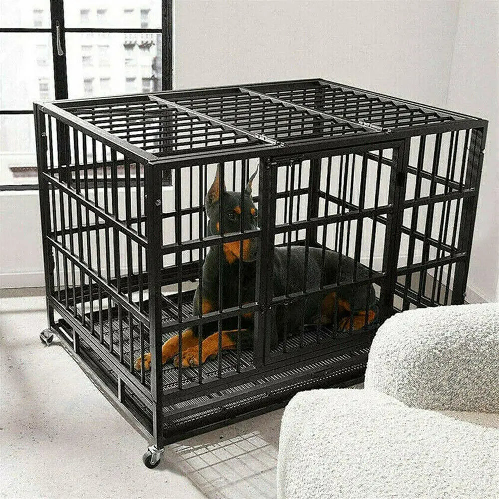 BINGOPAW Heavy Duty Dog Crate With Four Lockable Wheels Three Doors Removable Tray