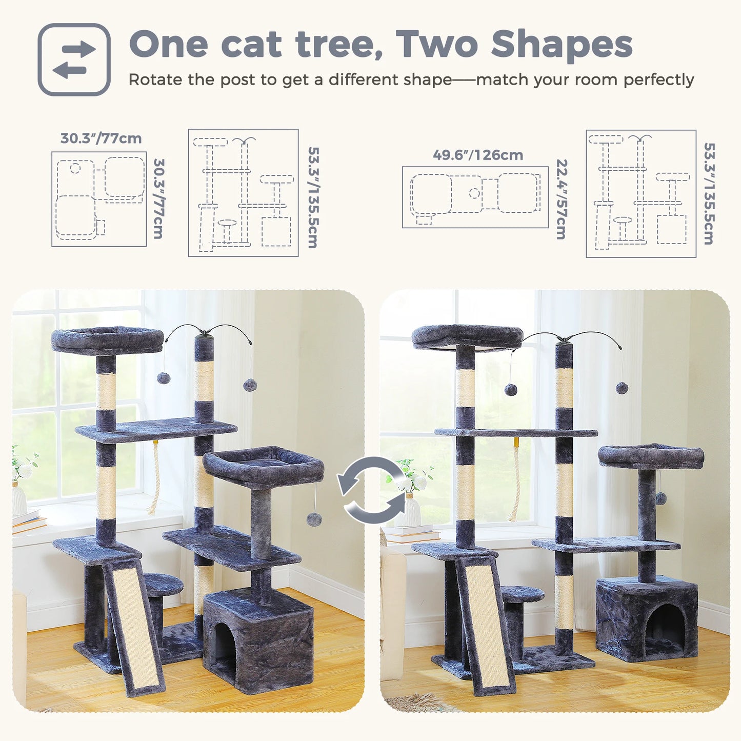 PAWZ Road Multi Level Cat Tree Tower With Sisal Scratching Posts And Soft Top Perch Large Cat Condo