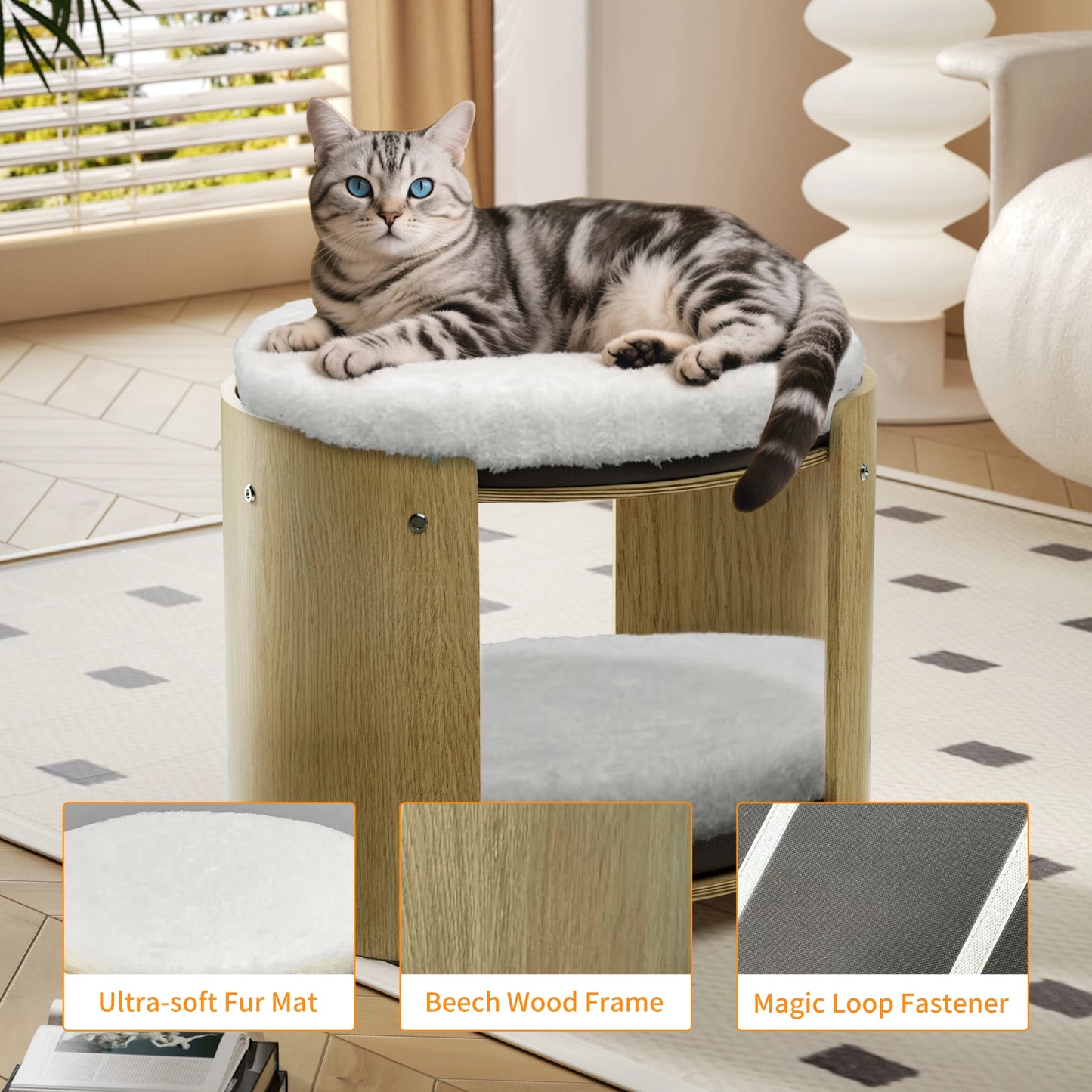 BINGOPAWCN Elevated CatBed TwoTier CatTree Indoors BambooFrame PlushMat Durable Design