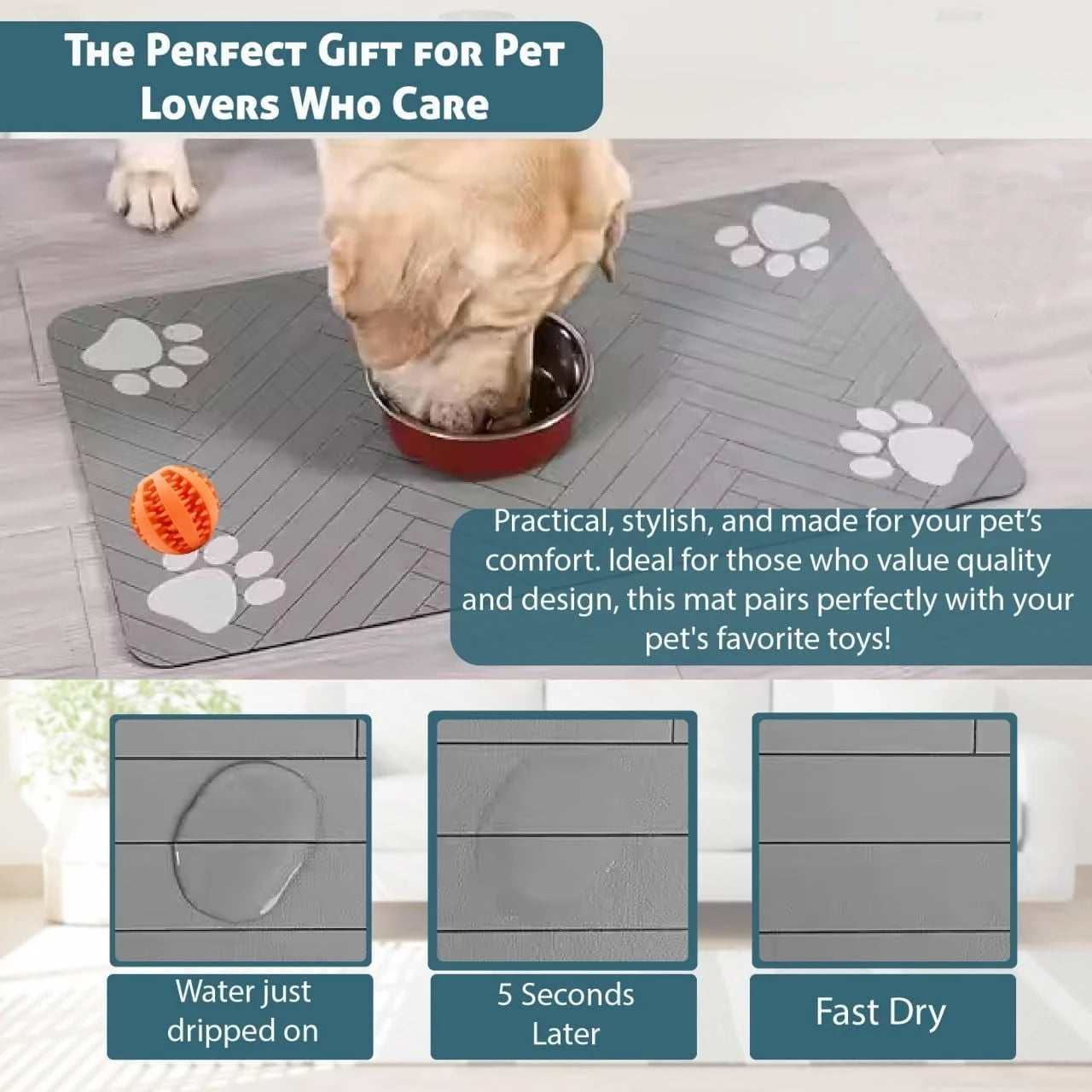 Absorbent Pet Feeding Mat With Waterproof Backing For Food And Water Bowls