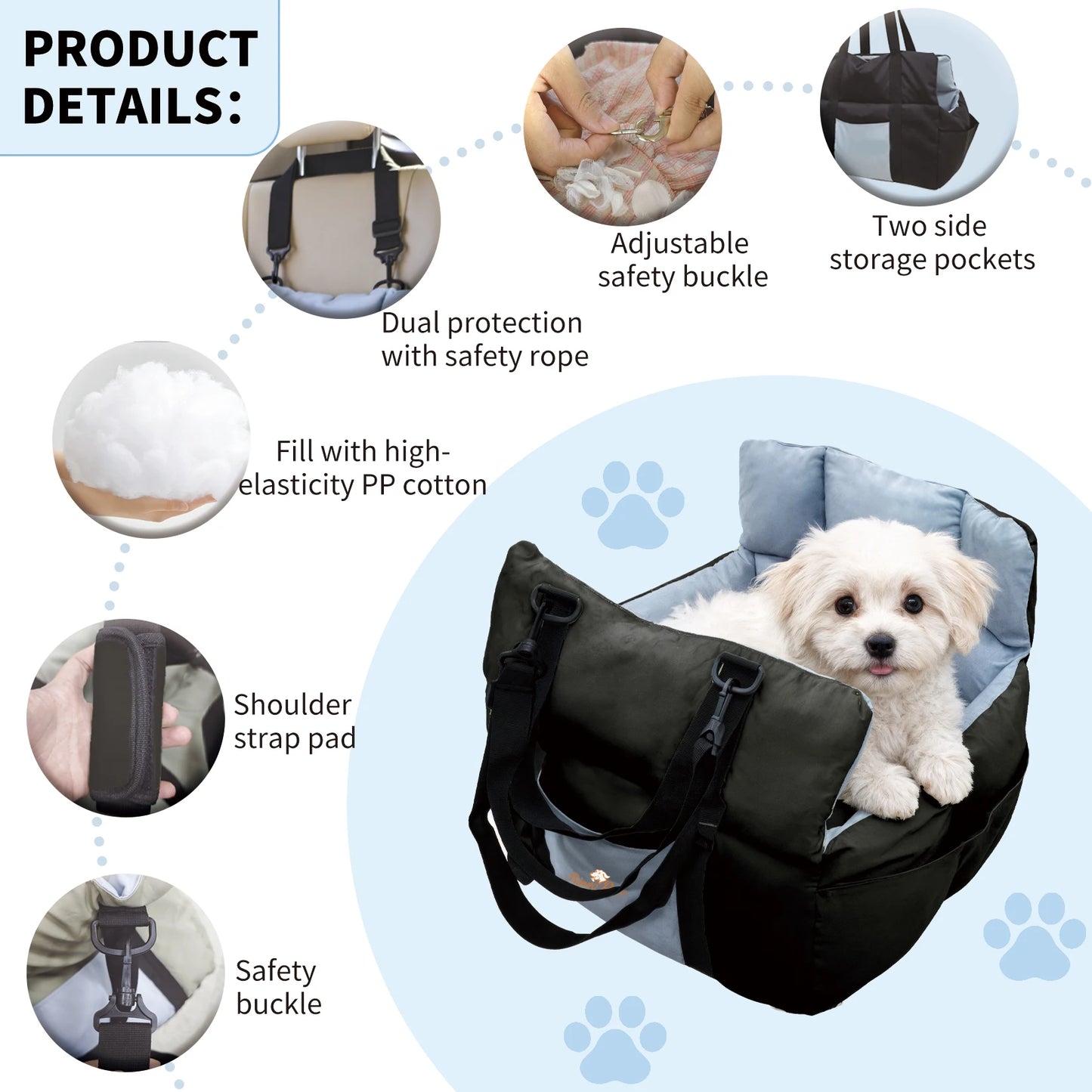 Dog Car Seat Travel Bed Carrier With ClipOn Leash Pockets