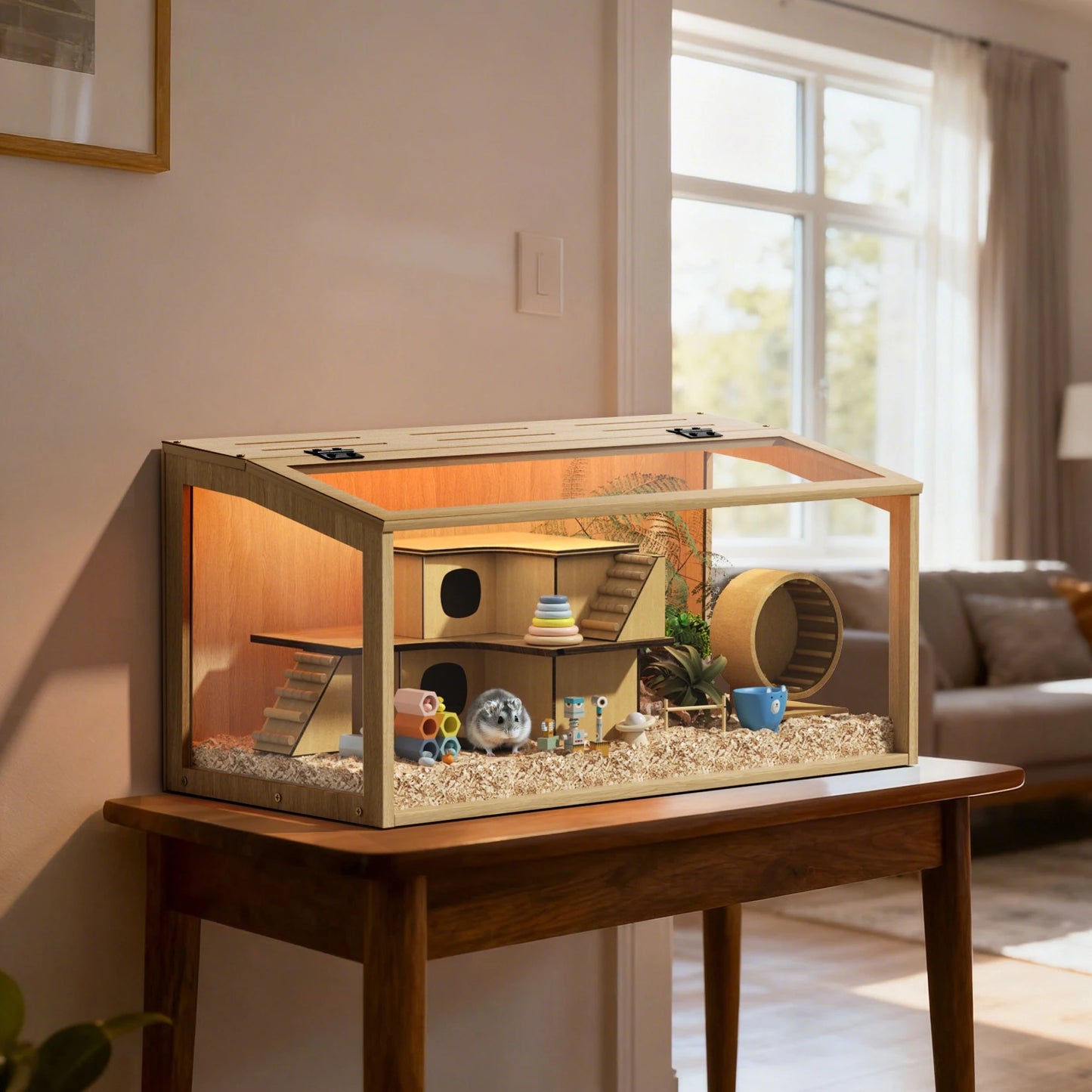 NONECN Wooden Hamster Cage with Glass Panels Open Top Habitat