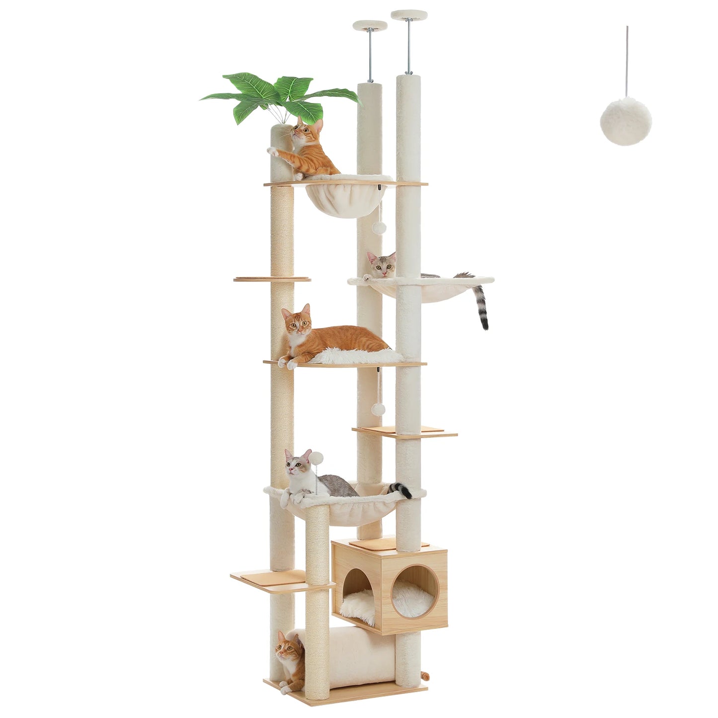 PAWZ Road Height Adjustable Wooden Cat Tree With Hammock And Sisal Scratching Posts Indoor