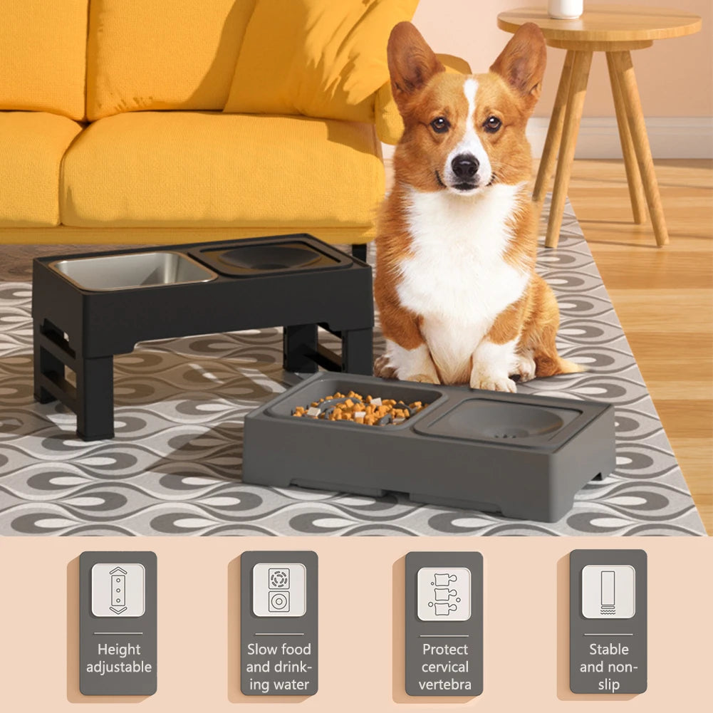 Twister.CK Elevated Slow Feeder Dog Bowl Stand 4-Height Stainless Bowls