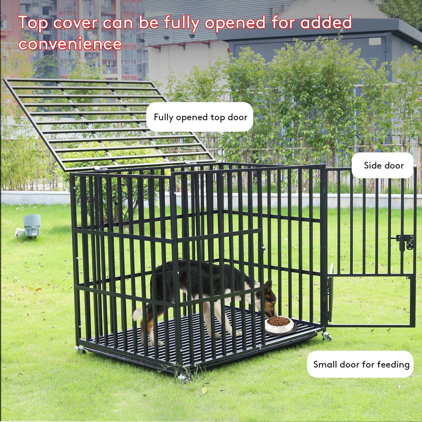 BINGOPAW Heavy Duty Dog Crate With Four Lockable Wheels Three Doors Removable Tray