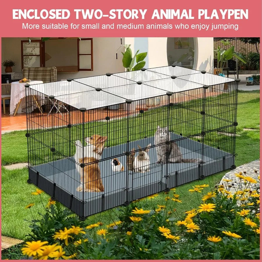 32 Panels Small Animal Playpen With Waterproof Mat Cage For Guinea Pigs And Rabbits