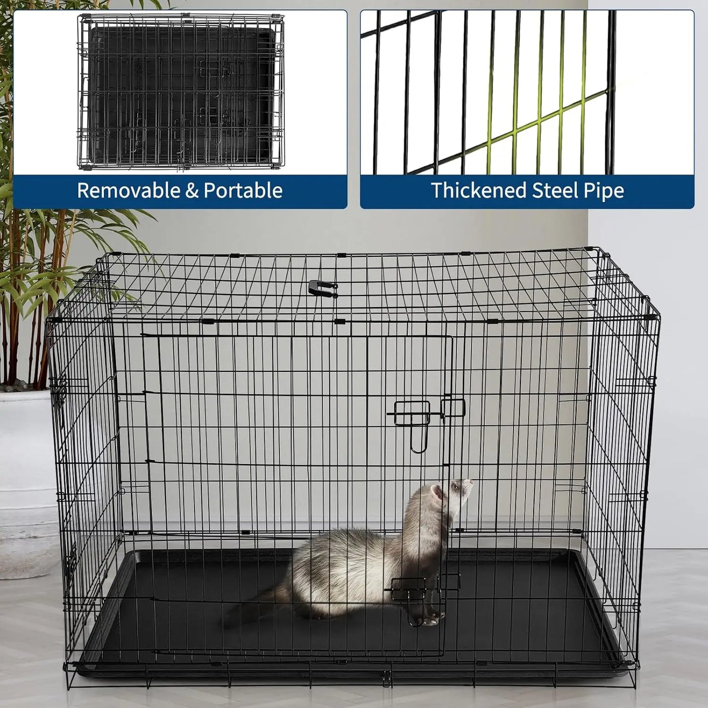 HiMISSCN Portable Folding Rabbit Cage With Slide Out Tray And Dual Doors Durable Metal Habitat For Indoor Small Pets