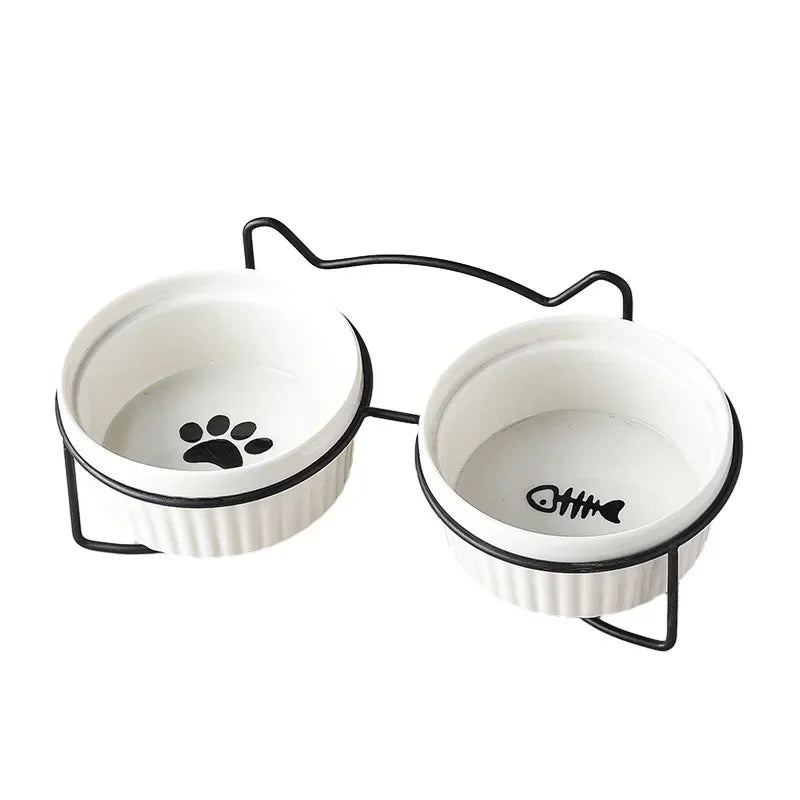 Ceramic Tilt Bowl Elevated Pet Feeder With Bracket For Cats And Dogs