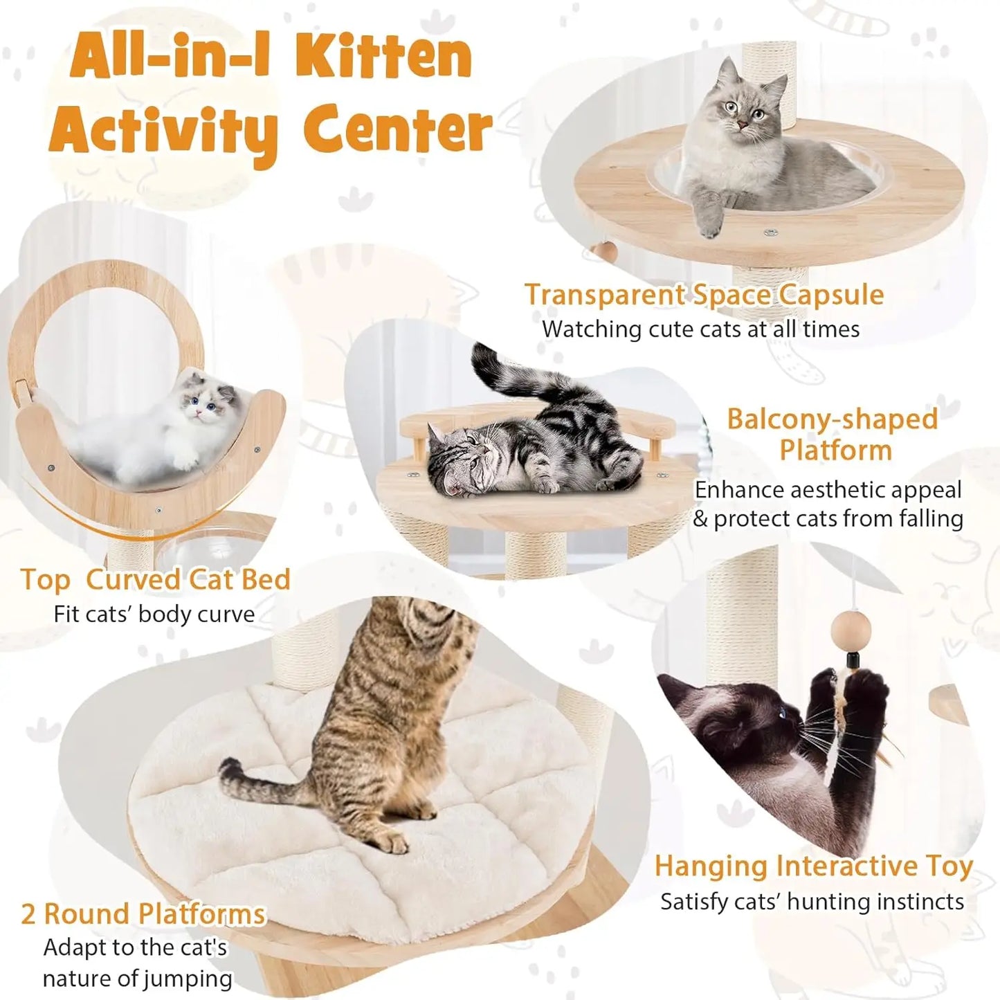 Solid Wood Cat Tree 4 In 1 Building Block Large Cat Tower With Space Capsule Nest And Sisal Scratching Posts