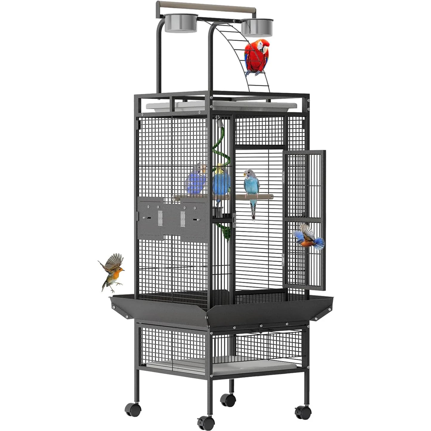 60" Large Rolling Bird Cage With Play Top 4 Stainless Steel Bowls Metal Parrot Cage For Conure Cockatiel Parakeet Lovebird