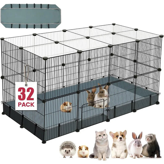 32 Panels Small Animal Playpen With Waterproof Mat Cage For Guinea Pigs And Rabbits