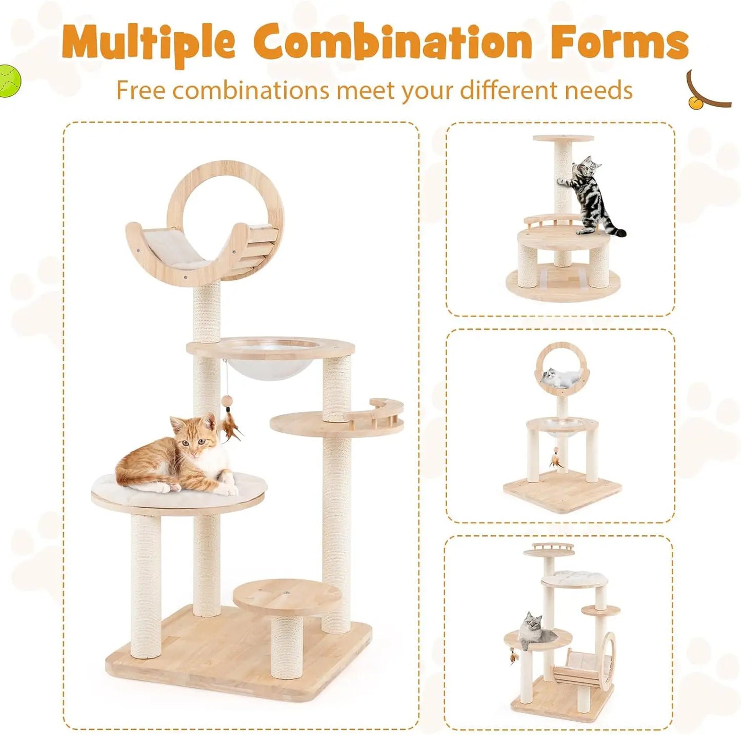 Solid Wood Cat Tree 4 In 1 Building Block Large Cat Tower With Space Capsule Nest And Sisal Scratching Posts