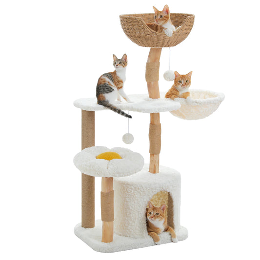 PAWZ Road Modern Solid Wood Cat Tree Tower Four Tier With Luxury Condo Hammock And Scratching Post