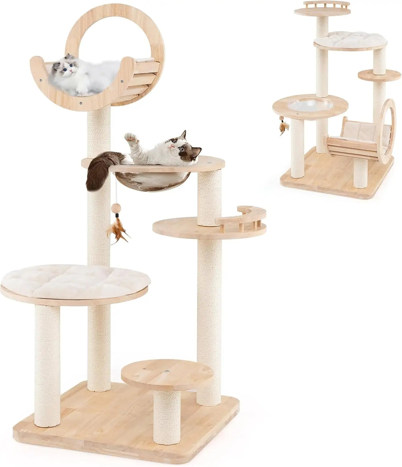 Solid Wood Cat Tree 4 In 1 Building Block Large Cat Tower With Space Capsule Nest And Sisal Scratching Posts