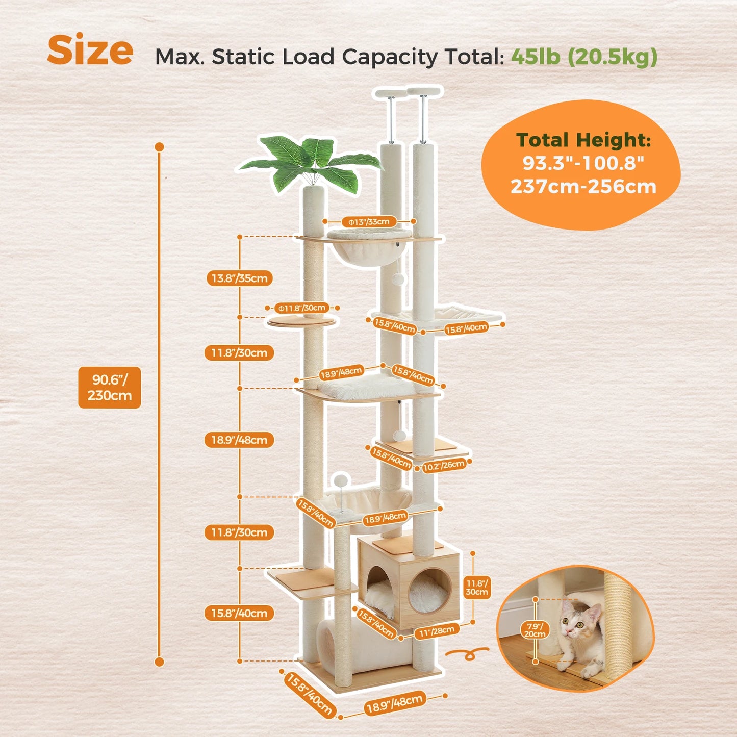 PAWZ Road Height Adjustable Wooden Cat Tree With Hammock And Sisal Scratching Posts Indoor