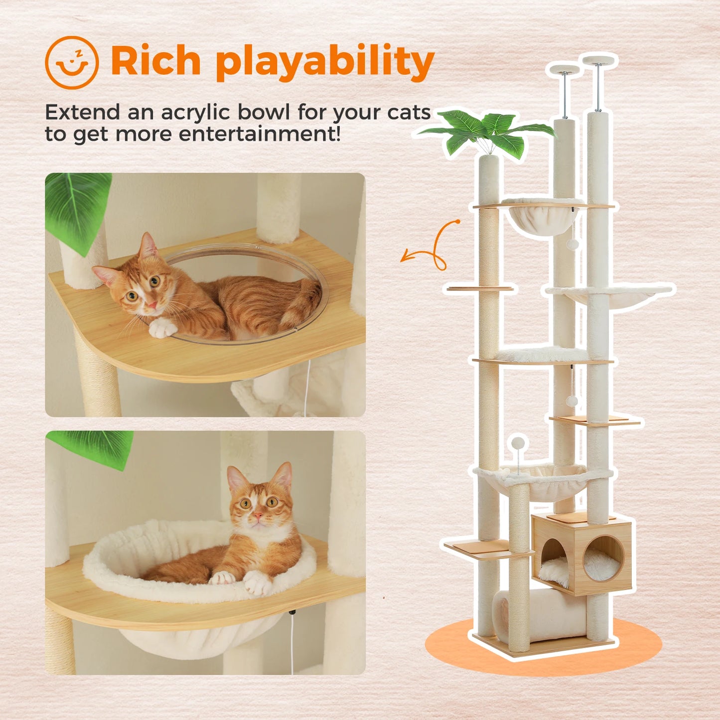 PAWZ Road Height Adjustable Wooden Cat Tree With Hammock And Sisal Scratching Posts Indoor