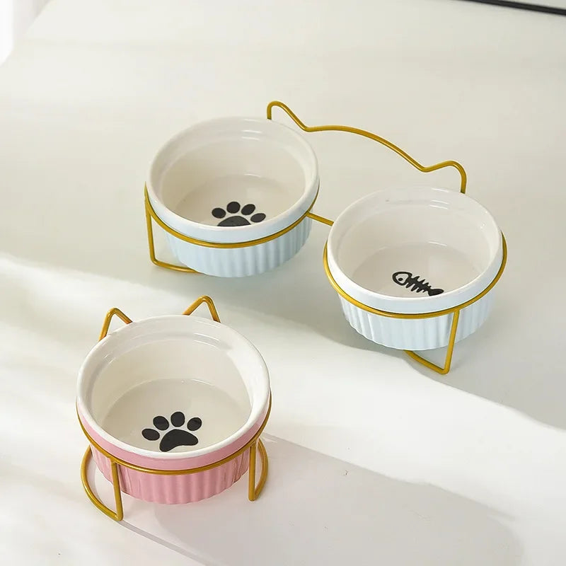 Ceramic Tilt Bowl Elevated Pet Feeder With Bracket For Cats And Dogs