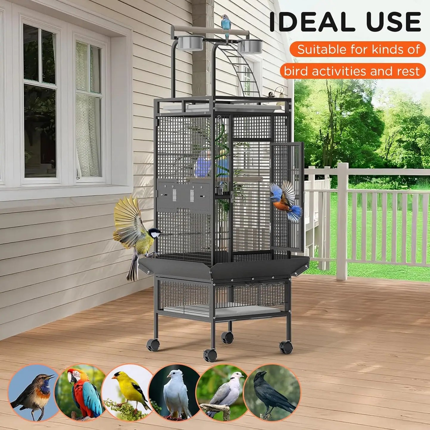60" Large Rolling Bird Cage With Play Top 4 Stainless Steel Bowls Metal Parrot Cage For Conure Cockatiel Parakeet Lovebird